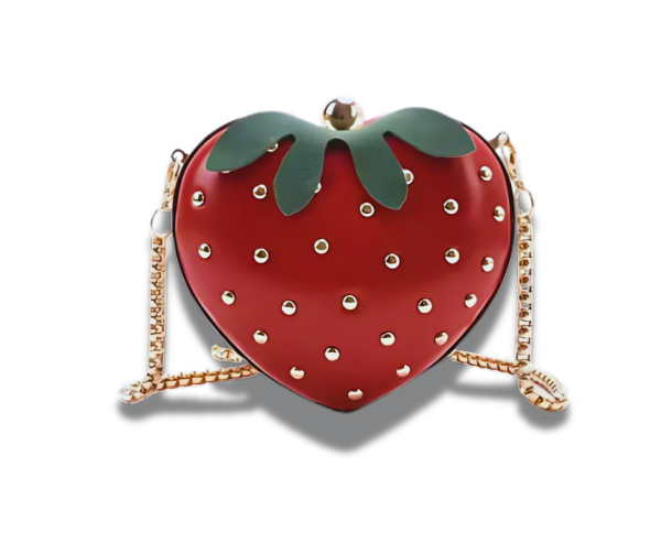 a red heart Strawberry shaped purse with gold chains