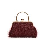 Petit Sac à rouge Bordeaux Effet Plume avec Anse Dorée - Style Vintage Chic