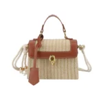 Weaving Handheld Small Square Bag 2025 Spring Summer New Style Color Contrasting PU Splicing Texture Crossbody Straw Weaving Bag